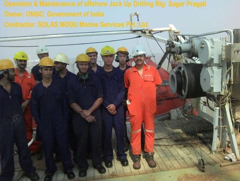 Rig crew lined up beside a lifeboat davit winch assembly during survival craft maintenance offshore