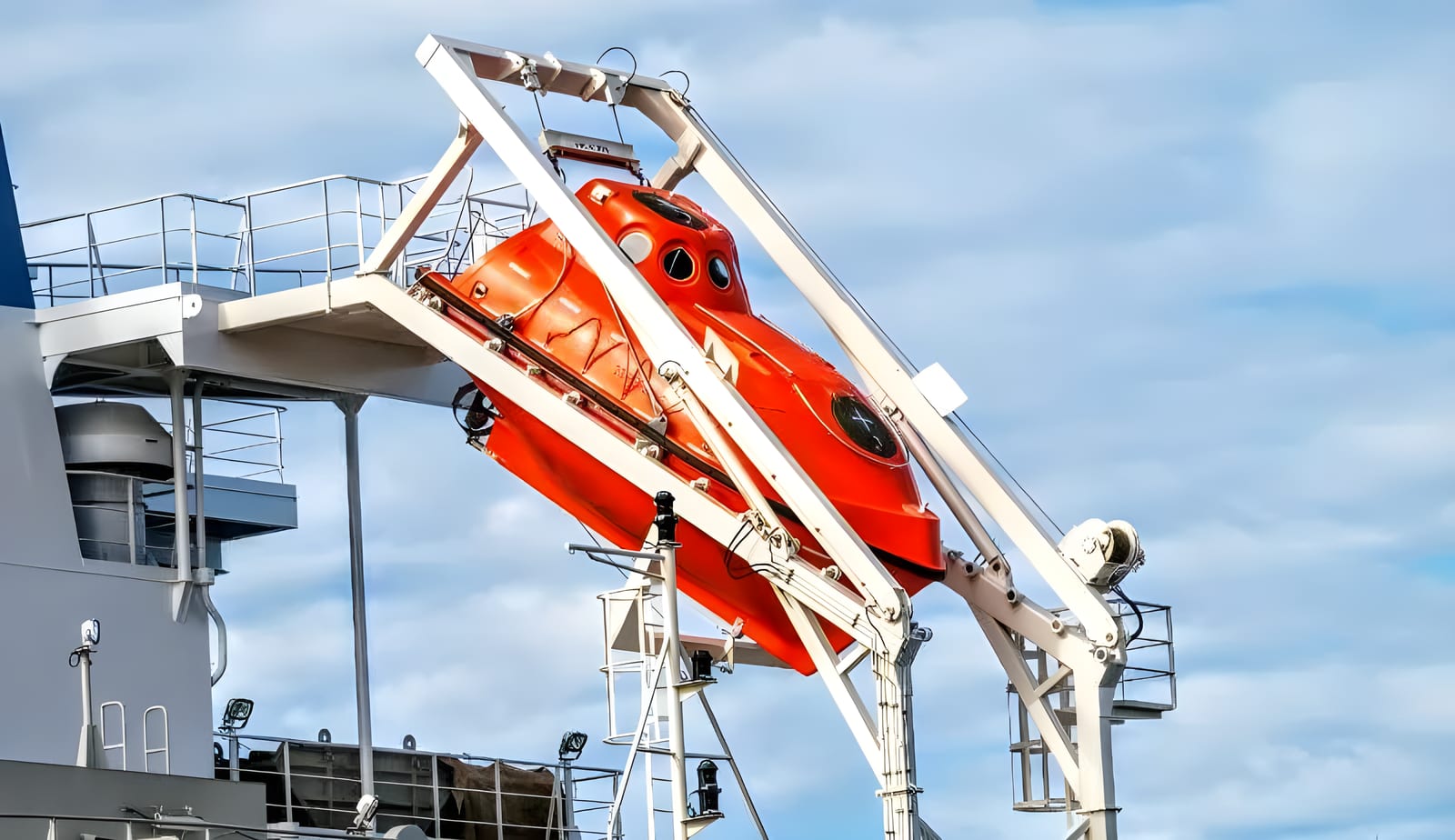 Repair work underway on a free-fall lifeboat davit system