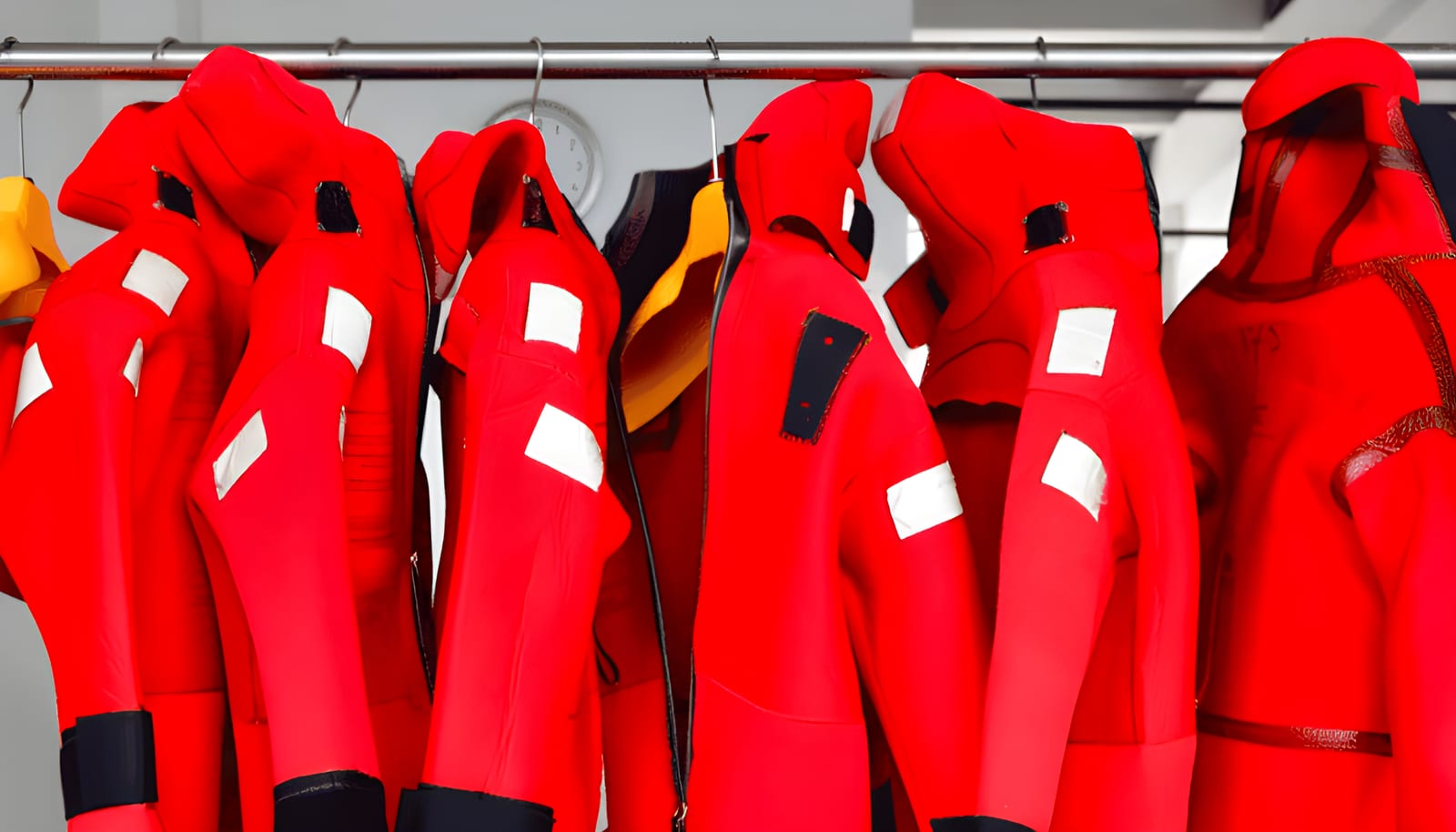 Immersion suits laid out for inspection and testing