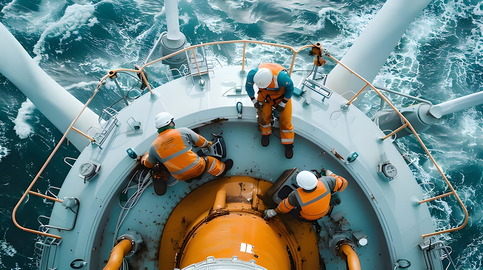Offshore oil rig crew working together on deck