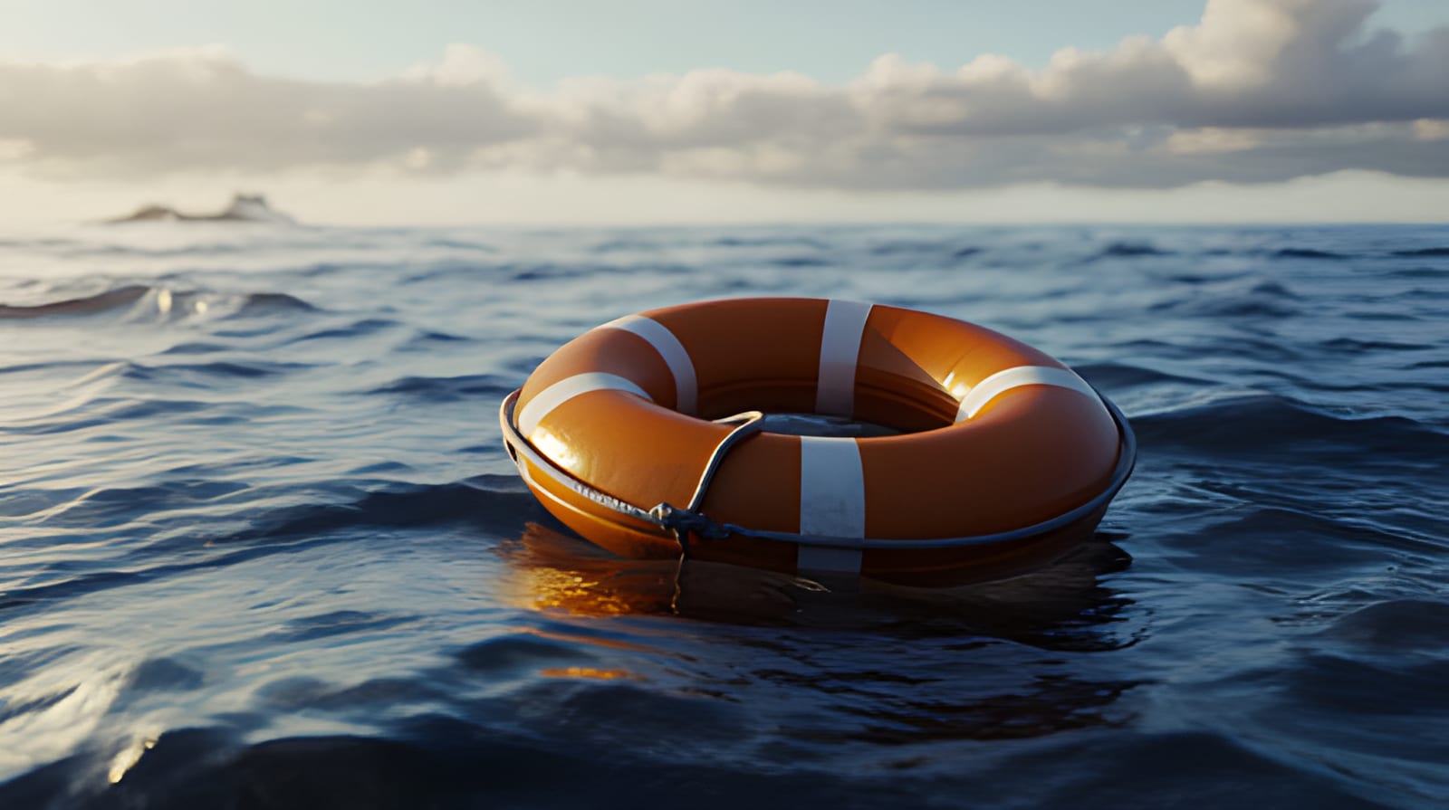 Lifebuoy stationed along a ship's rail with the sea beyond