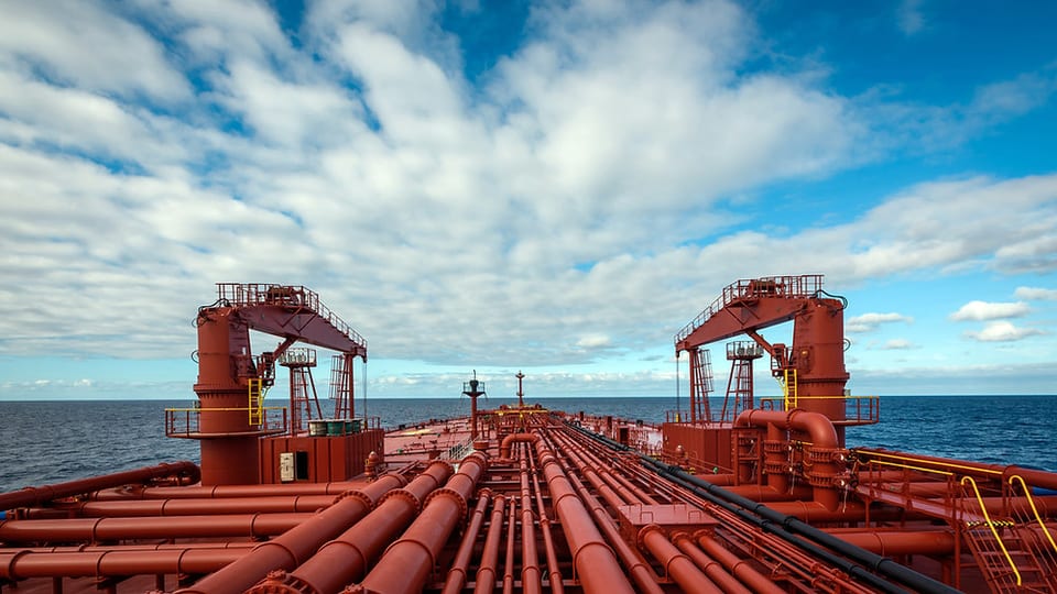 Cargo piping and hose handling cranes along the main deck of a tanker at sea