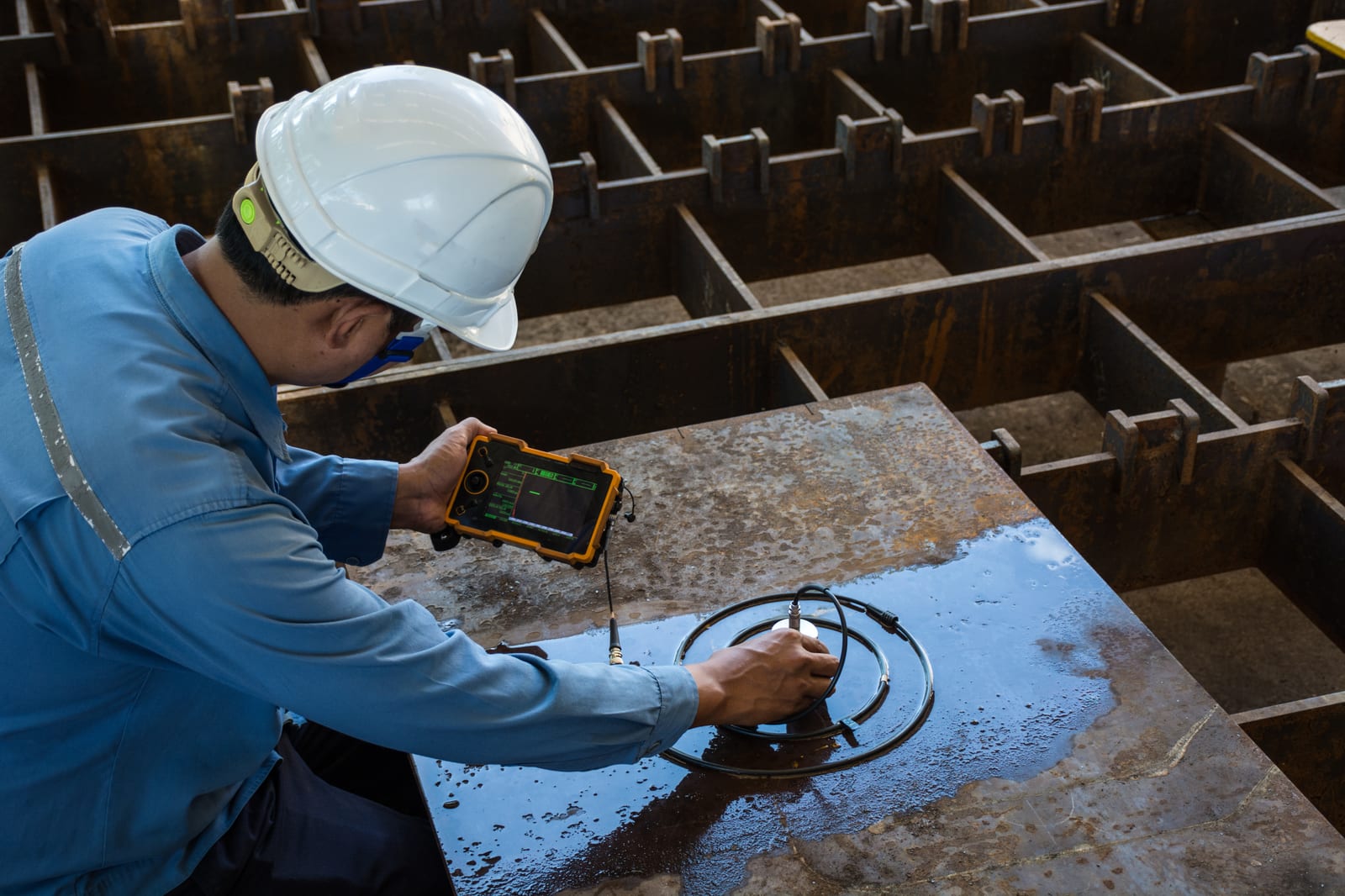 Technician taking ultrasonic thickness readings on shipyard steel with a portable flaw detector