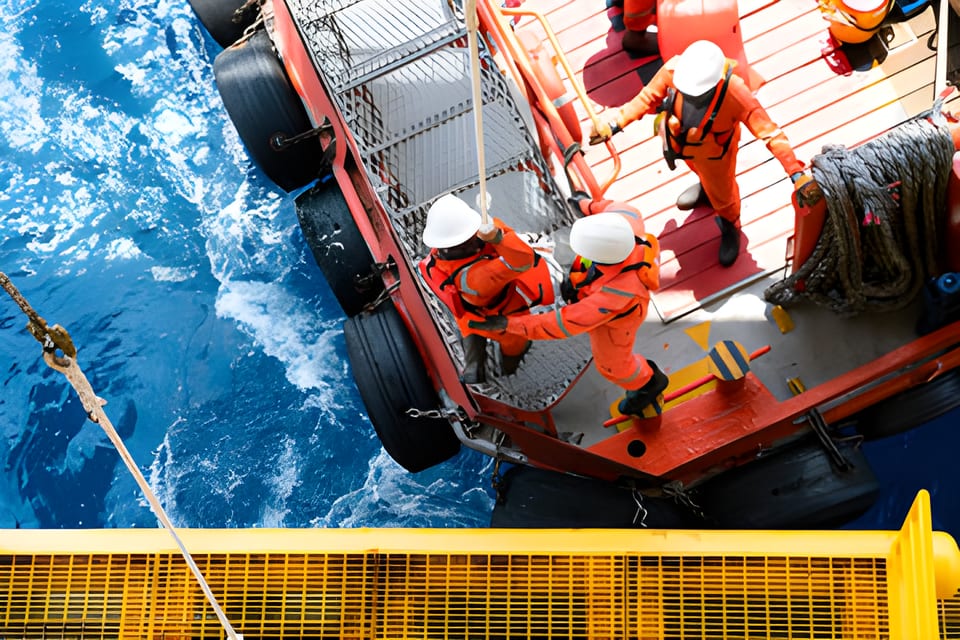 Oil and gas crew coordinating on deck during an offshore project