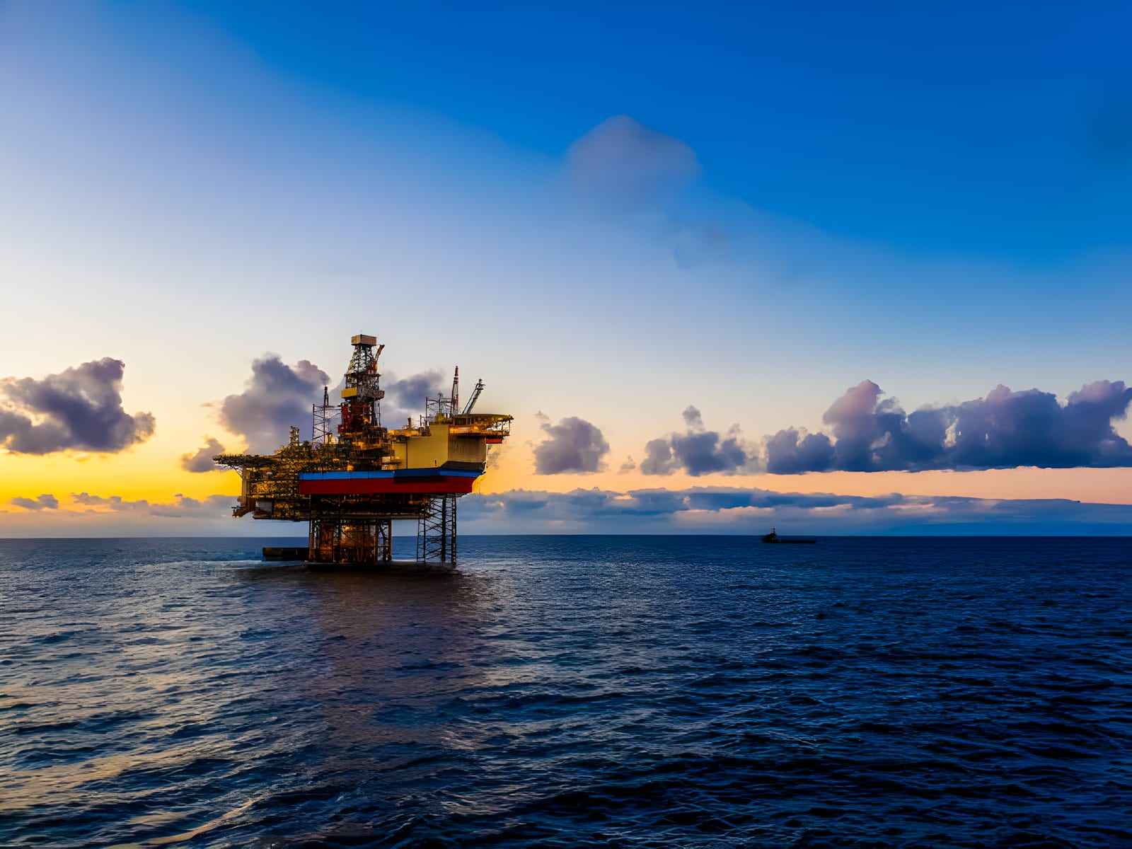 Offshore drilling rig standing in open sea under a clear sky