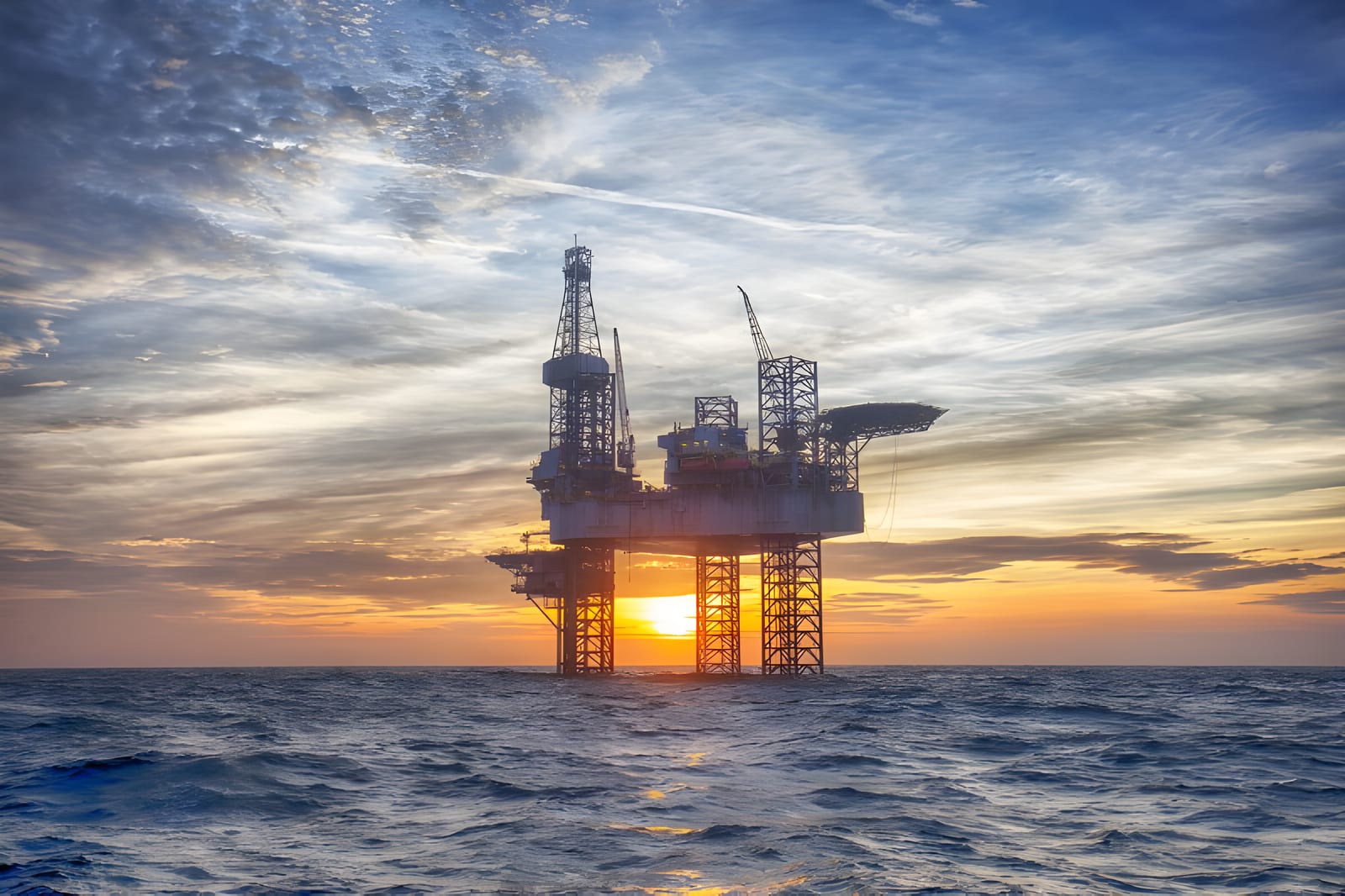 Offshore oil rig silhouetted against an orange sunset sky