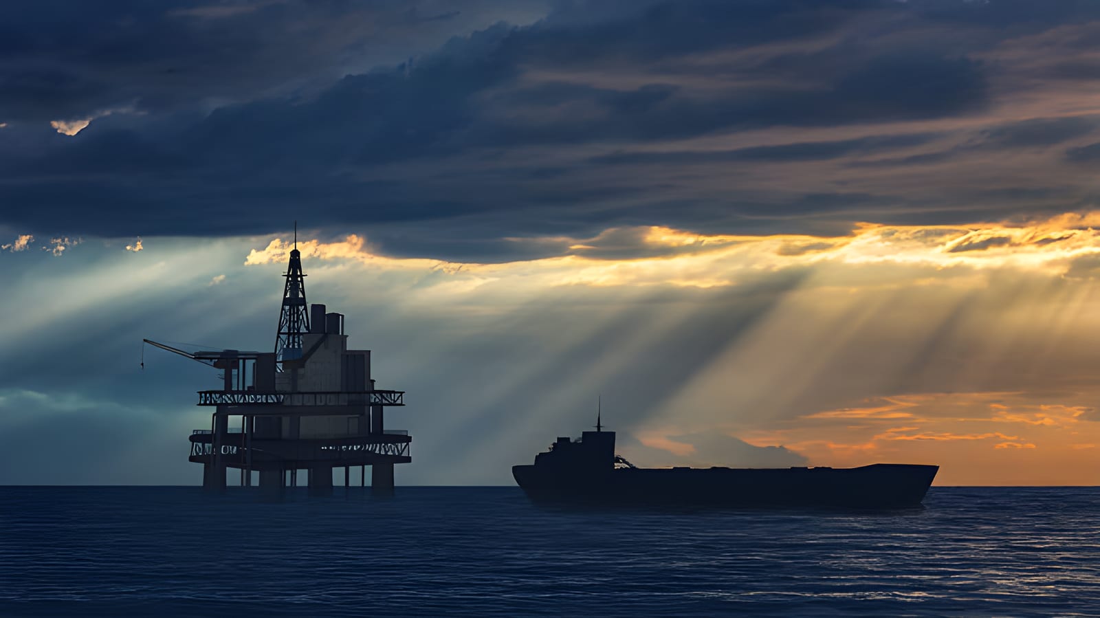 Tanker ship alongside an offshore oil rig at sea