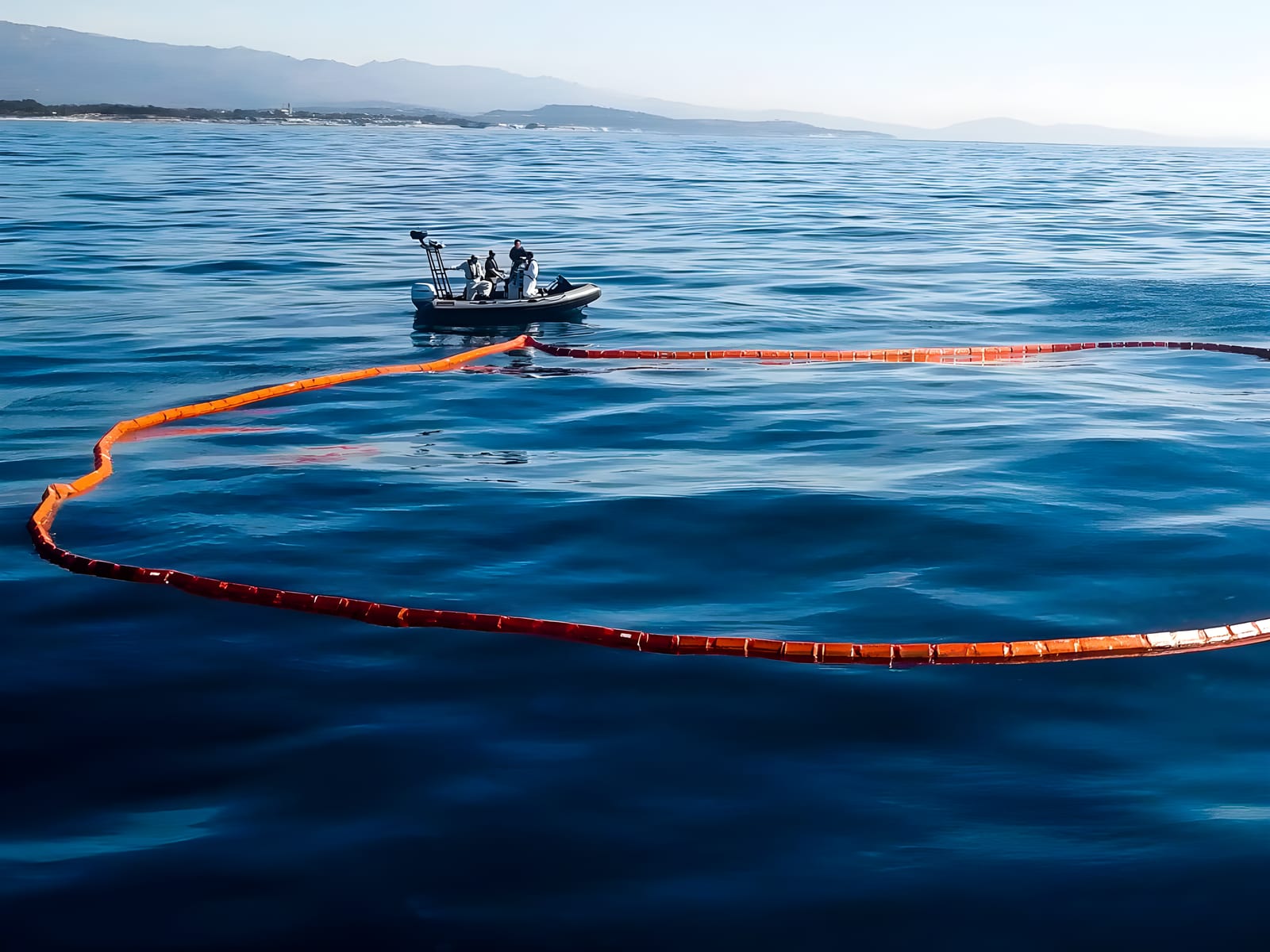 Oil spill containment operation with booms encircling the affected area