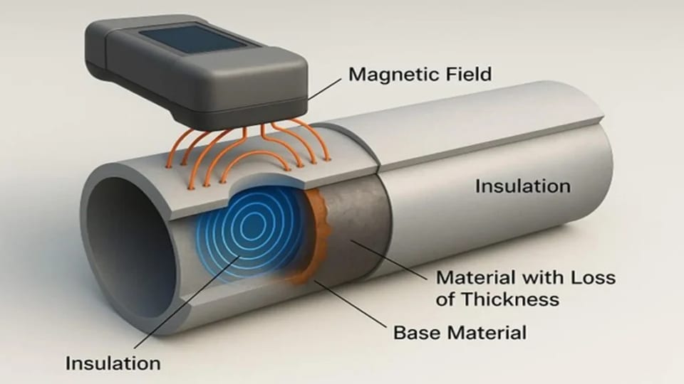 Diagram of pulsed eddy current testing showing a probe measuring wall loss through pipe insulation