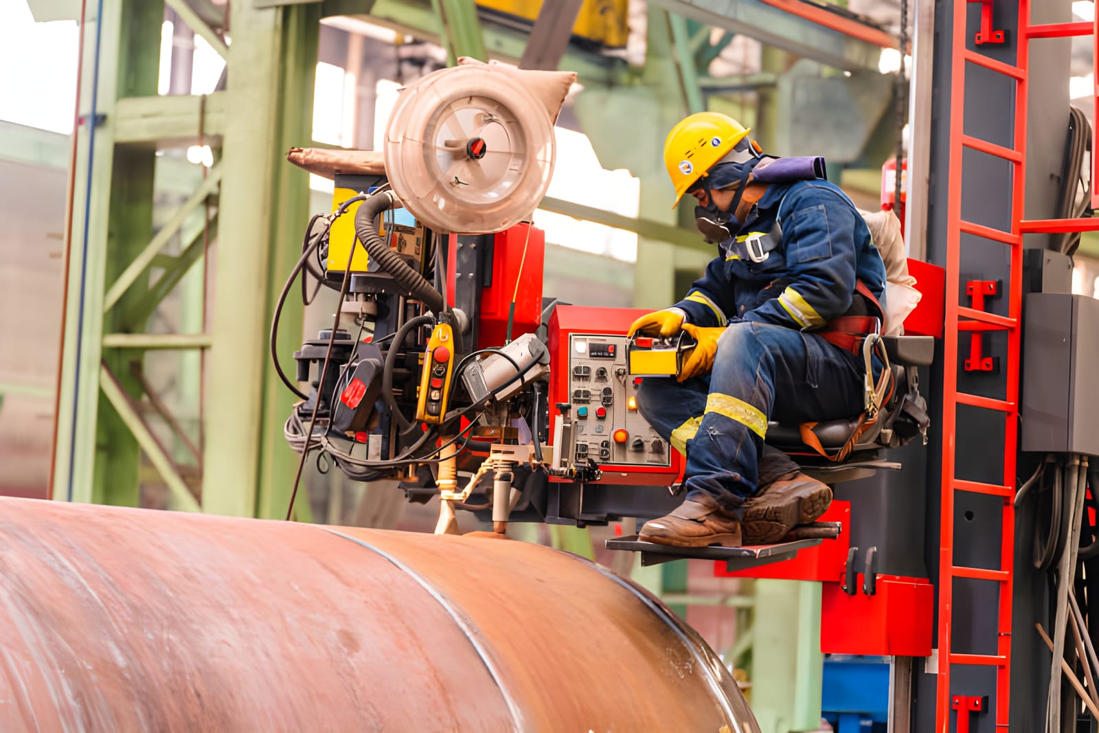 Submerged arc welding on a steel section during hull repair work