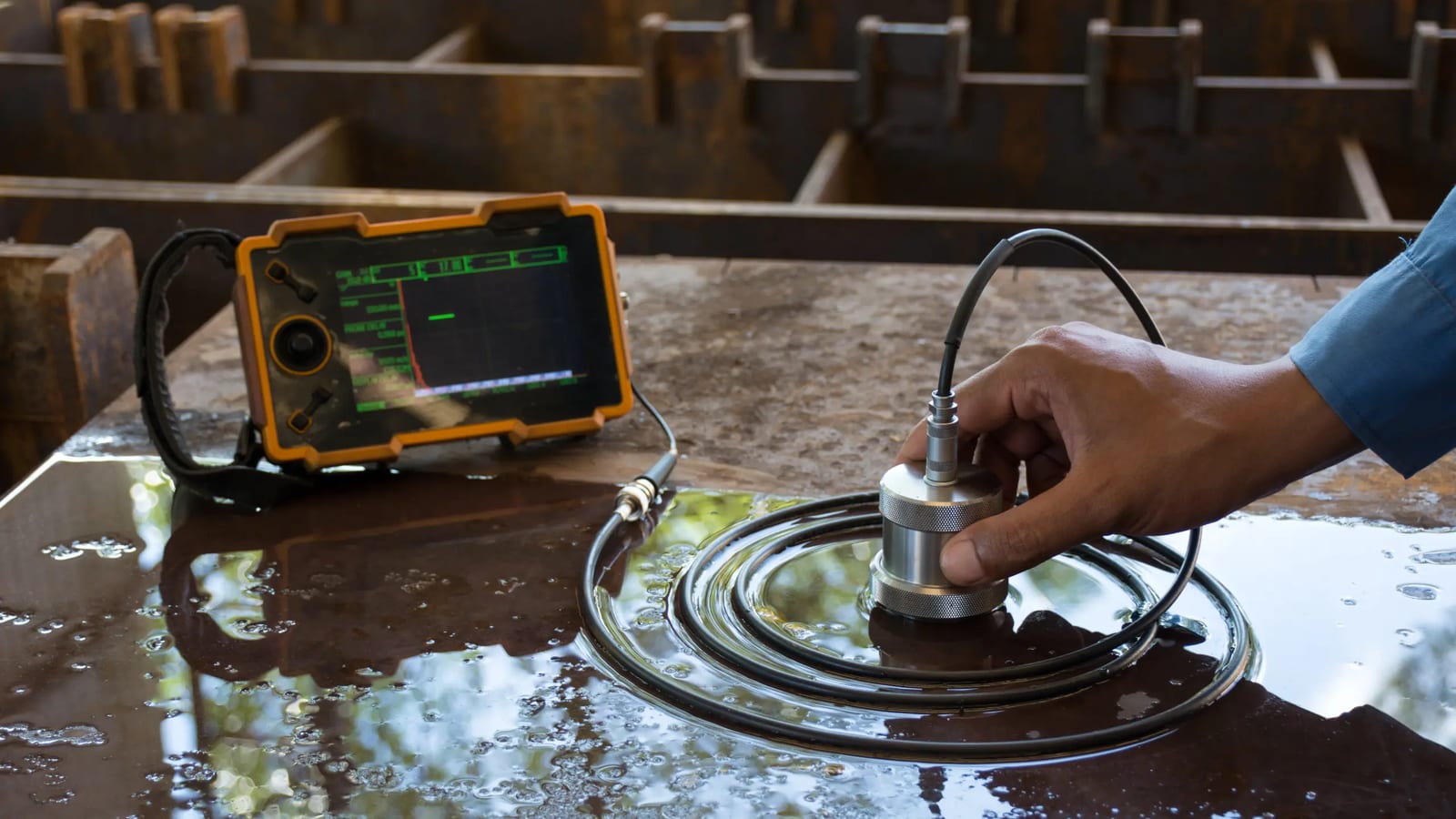 On-screen display of an ultrasonic testing instrument during a pipeline inspection
