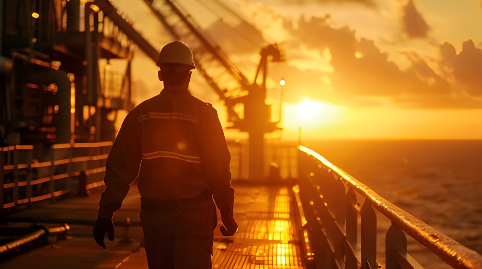 Worker in safety gear on the deck of an offshore oil platform